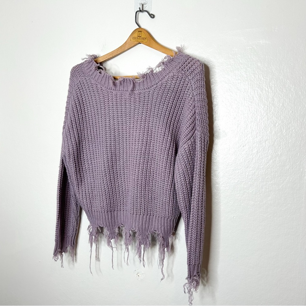 Love Tree Womens Distressed‎ Pastel Purple Lilac V Neck Knit Sweater Small S - Picture 7 of 7